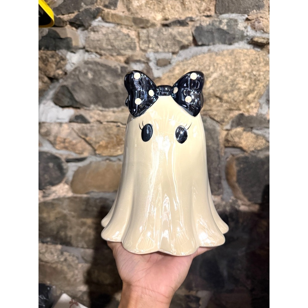 Viral Ghost With Black White Polka Dot Bow Halloween Figurine 9" X 7" - READ